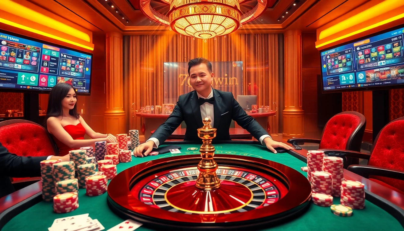 Experience the excitement of 78win with vibrant casino scenes, featuring colorful chips and thrilling dealers.