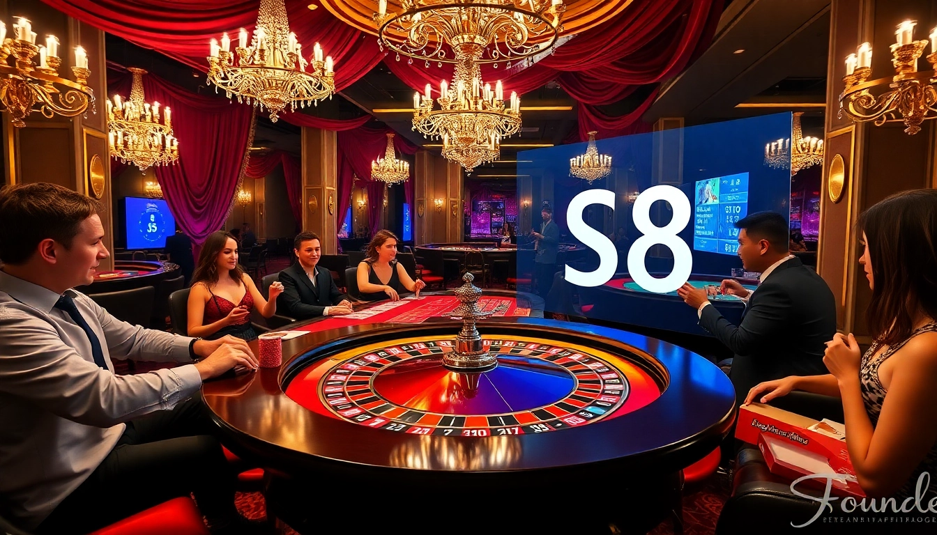 A vibrant casino scene featuring roulette and poker elements, showcasing the excitement of S8 gambling.