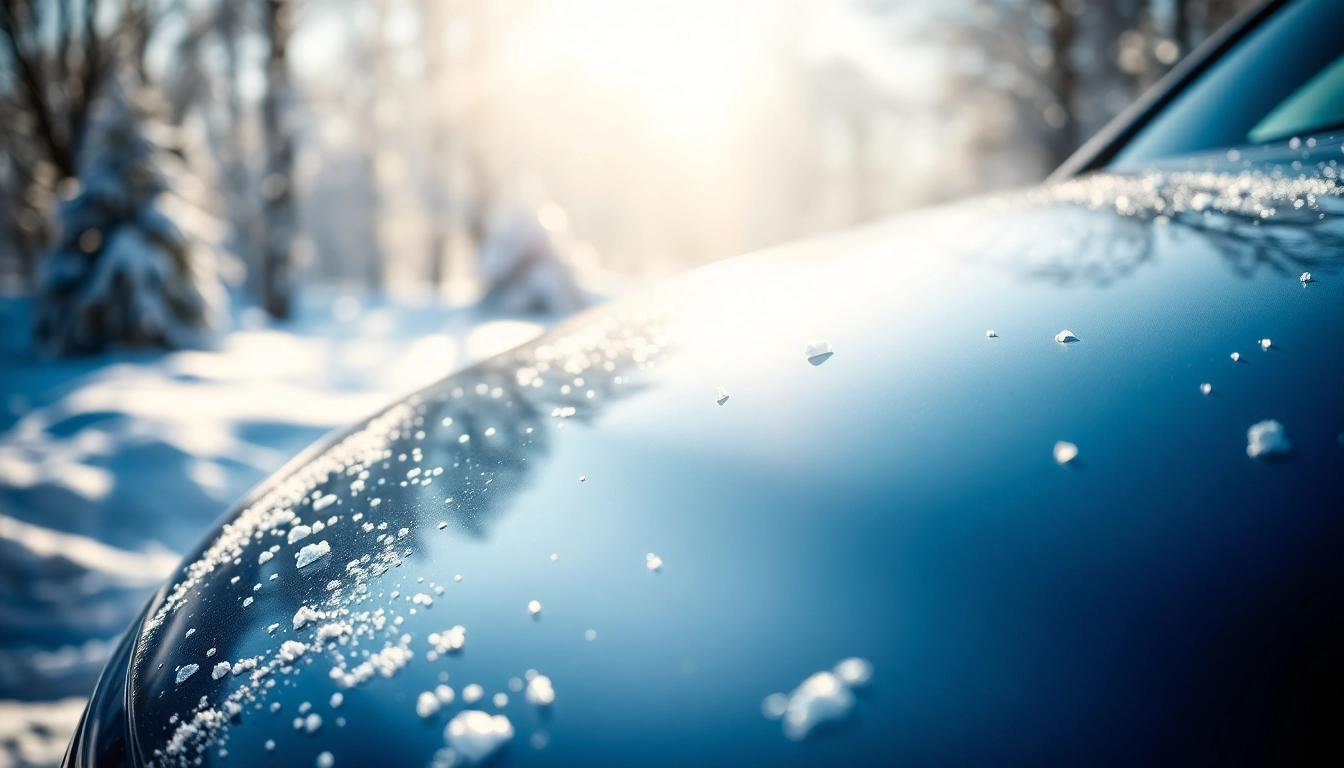 PPF winter road salt protection demonstrated on a glossy car in a snowy landscape.